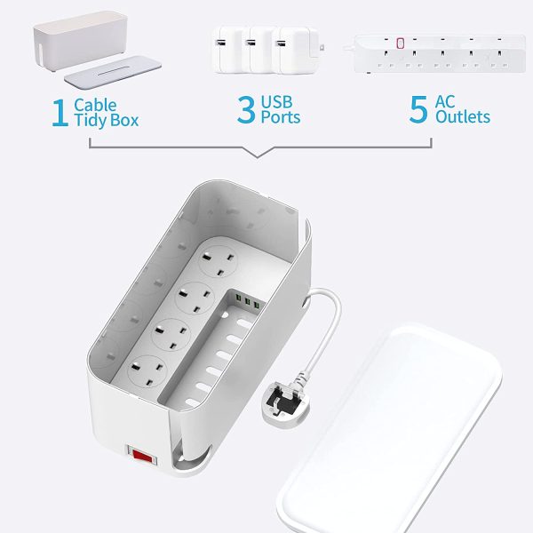 Hulker Extension Lead with USB Slots 5 Way Outlets 3 USB Ports Extension Cable Tidy Box Socket Extension with Overload Protection 3250W 13A Extension Cord 2M Power Strip Cable Management Box White - Image 3