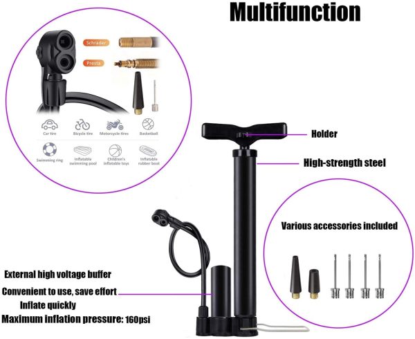 High Pressure Bike Floor Pump, Bicycle Pump, Bike Pump, 160PSI with Presta &Schrader Valves, Bike Air Pump with Ball Pump Needle, inflatable toys Nozzles for Bike Basketball - Image 2