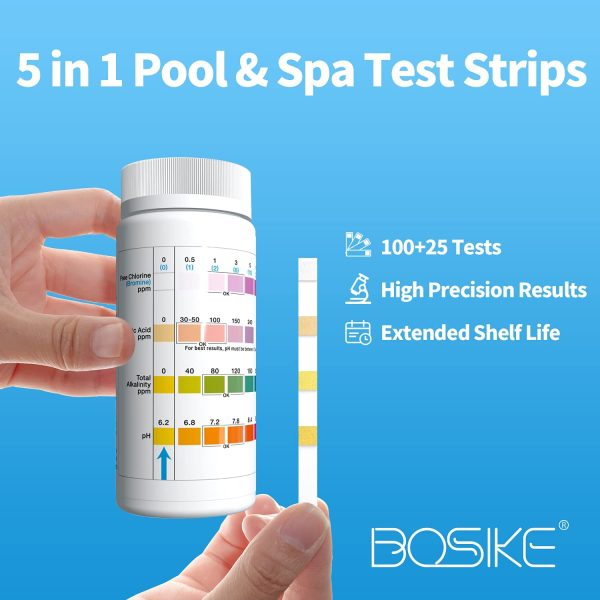 BOSIKE 5 in 1 Water Hot Tub, Swimming Pool & Spa Test Strips Kit - 125 Water Tester Strips for Cyanuric Acid, Free Chlorine, Alkalinity, Bromine and pH Testing - Image 6