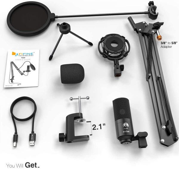 FIFINE USB Microphone Kit Condenser Studio Microphone for Computer, PC Mic with Adjustable Scissor Boom Arm Stand Shock Mount Volume Control for Gaming,Streaming,Podcast,Recording Vocal,YouTube-T669