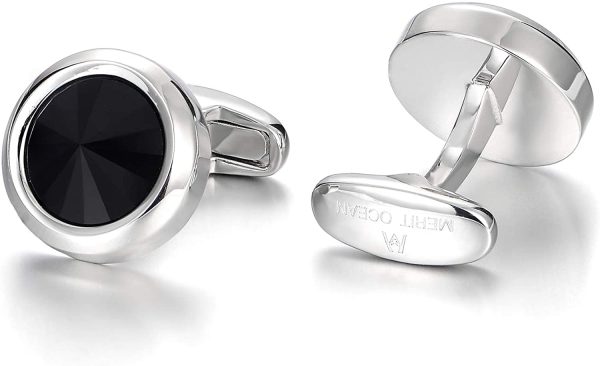 MERIT OCEAN Mens Elegant Style Cuff Link Super Shiny Navy Blue Crystal Circular Cufflinks - Image 2