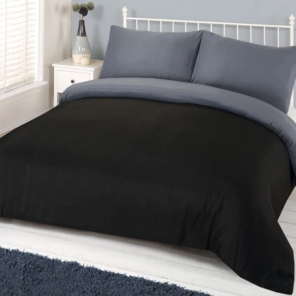 Plain Dye Duvet Cover with Pillowcase Reversible Bedding Set - Black Grey - Single