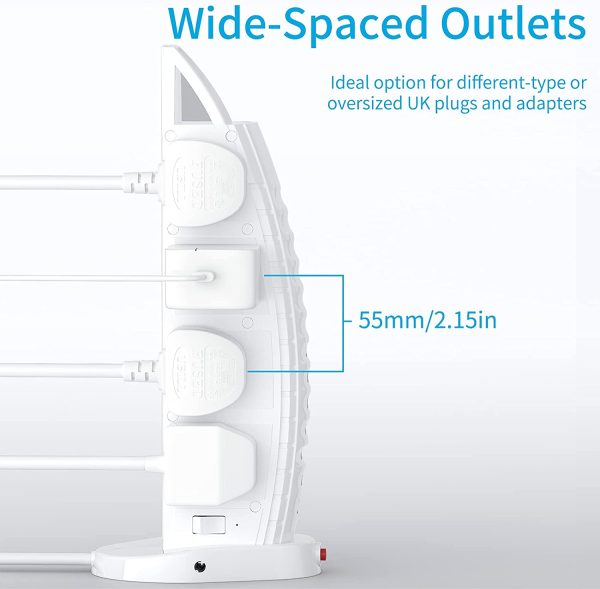 Extension Lead with USB, Tower Extension Cord 8 Way Outlets 6 USB (2 Type C and 4 USB Ports)  3.6A Multi Plug Extension Socket 2M Cable with Switches, Vertical Power Strip - Image 4