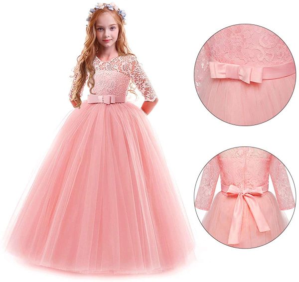 IWEMEK Flower Girls 3/4 Sleeve Floral Lace Tulle First Communion Pageant Dresses Kids Big Girls Princess Birthday Carnival Christmas Bridesmaid Wedding Party Prom Ball Gown 2-14 Years