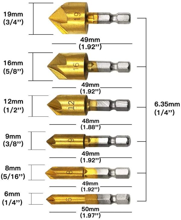 Countersink Drill Bit, Countersink Drill Bit Set with 82 Degree Center Countersink Bits for Wood Quick Change Bit 6mm - 19mm 6 Pcs