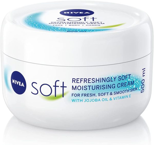 NIVEA Soft (500ml), A Moisturising Cream for Face, Body and Hands with Vitamin E and Jojoba Oil, Hand Cream Moisturises Deeply, All-Purpose Day Cream (Packaging May Vary)