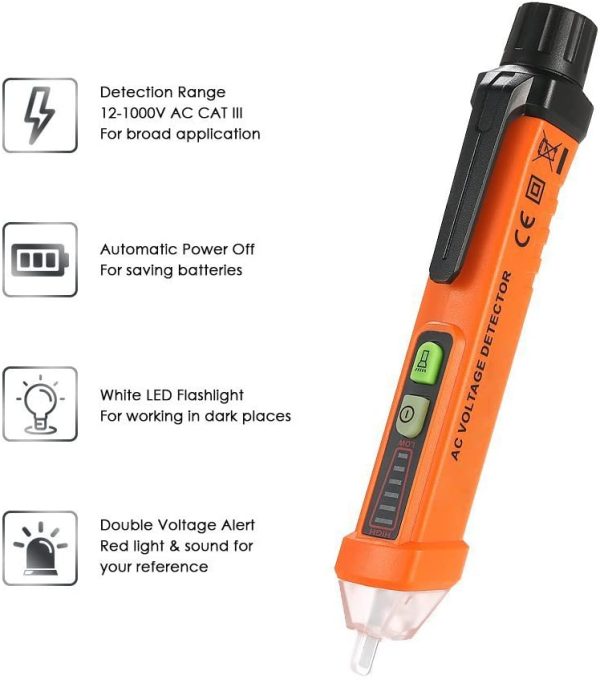 PEAKMETER Electric Voltage Tester Non-Contact, Voltage Detector Pen 12-1000V AC Inductive Digital Voltage Measuring Tool with LED Flashlight, Alarm Mode, Live/Null Wire Judgment