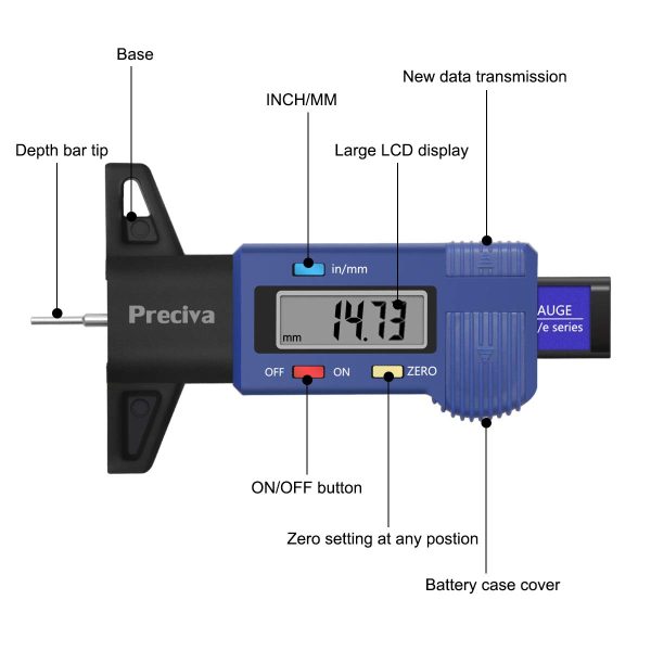 Preciva Digital Tyre Tread Depth Gauge, 0-25.4 Mm/ 1 Inch Portable Tyre Tread Checker and Tyre Measurement with LCD Display for Cars, Vans, Trucks - Image 4