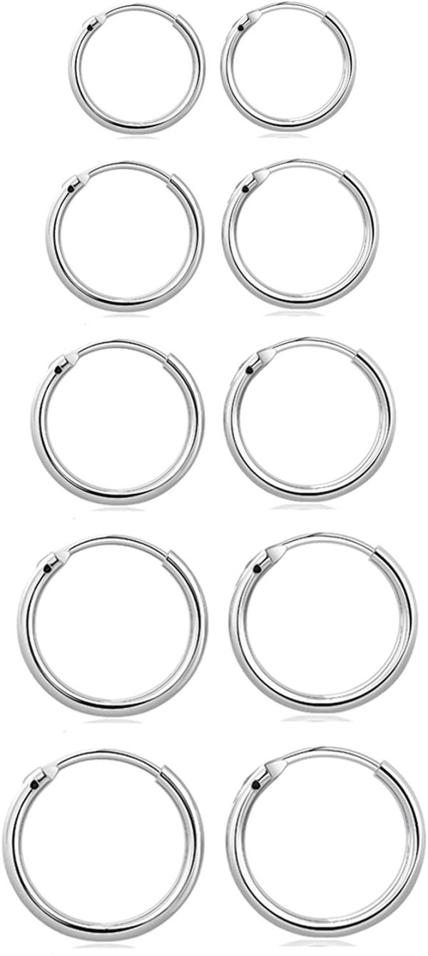 Elicola Set of 5 Pairs of Hoops Earrings in 925 Sterling for Women Men Small Round Mini Sleeper Cartilage Earrings Hypoallergenic 8/10/12/14/16mm