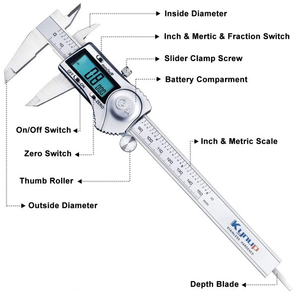 Kynup Digital Venier Caliper, 150mm Caliper with Stainless Steel, Inch Millimeter Fraction Conversion, Measuring Tools Calipers Gauge with Large LCD Screen (6 Inch) - Image 3