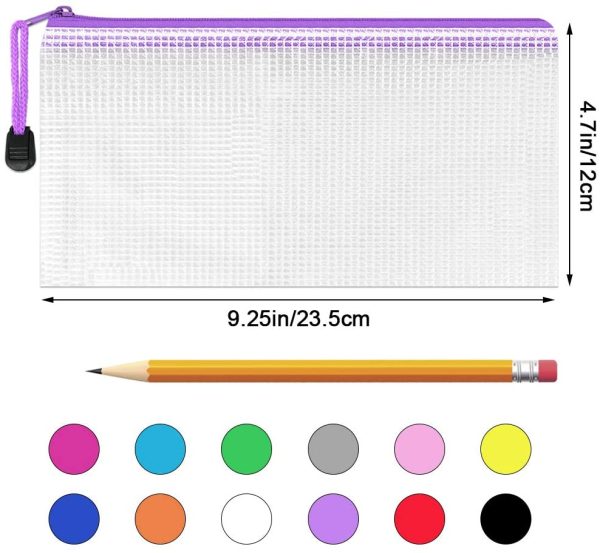 Clear Pencil Case Mesh Pencil Pouch, 12PCS Clear PVC Zipper Pencil Bag Plastic Wallet Folders Waterproof Travel Storage Pouch for Exams, Cosmetics, Stationery and Travel Accessories, 12 Colours