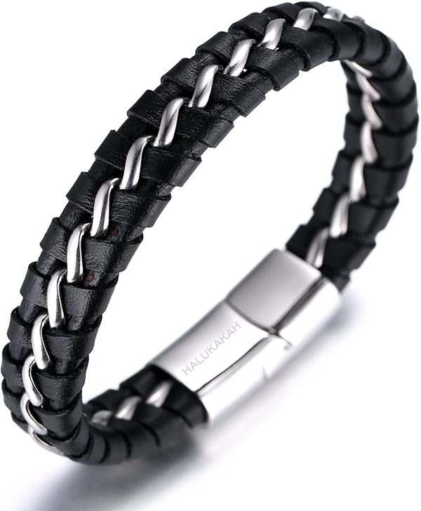 HALUKAKAH Kids ?? Solo Junior ?? Boy's Genuine Leather Bracelet Black 6-12 Y/O. Titanium Silver Chain Magnetic Clasp 7"/18cm with Free Giftbox - Image 4