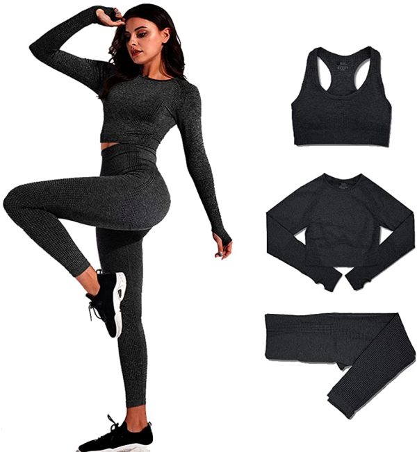 DONYKARRY 3Pcs Seamless Workout Outfit Set Fitness For Women, Gym Yoga Long Sleeve Tops Sports Bra And Trousers Jumpsuit Set - Image 3