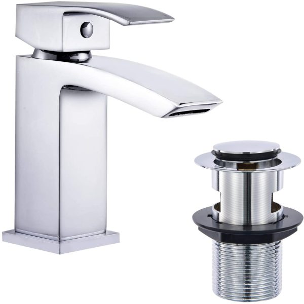 Basin Taps Waterfall with Pop up Waste Square Bathroom Sink Mixer Taps with UK Standard Hoses