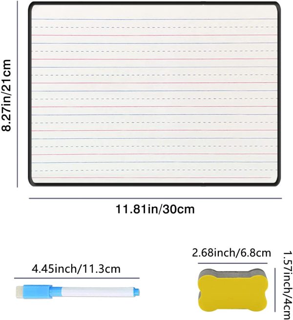 Lined Dry Erase Board for Kids A4, Ruled & Blank Kids White Board Writing Learning at Home, Double Sided Portable Whiteboard with 8 Markers & 3 Erasers (Black) - Image 4