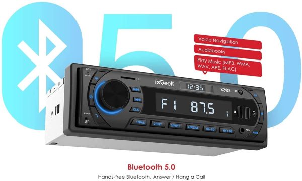 ieGeek RDS Car Radio Bluetooth 5.0, Handsfree Calling 7 LED Colors Car Stereo & Clock, 4X60W FM Radio USB/AUX in/MP3/FLAC/WMA/WAV/SD/AM MP3 Player Wireless Remote Control, 30 Radio Stations,1 DIN