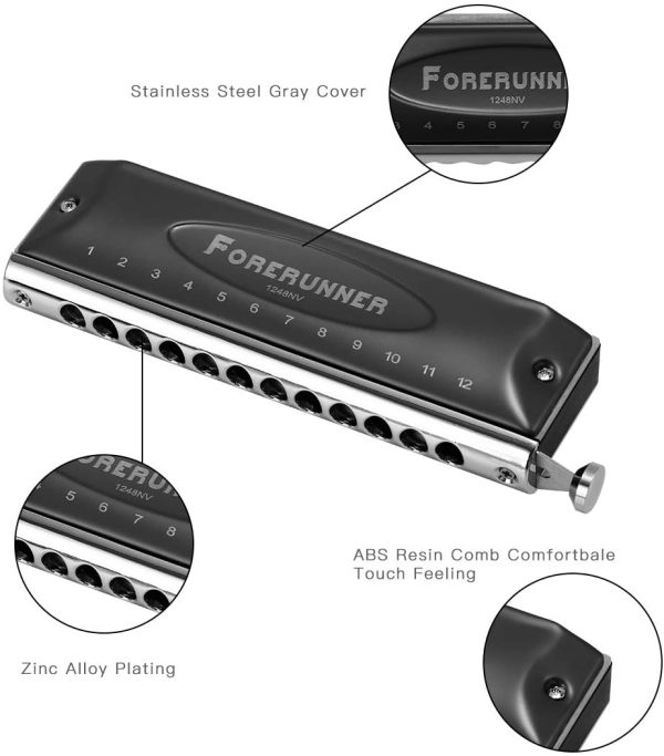 East top Forerunner Chromatic Harmonica 12 Holes 48 Tones Professional Chromatic Harmonica in C; Mouth Organ and Professional Harmonica for Adults, Professional Player and Students (48NV)