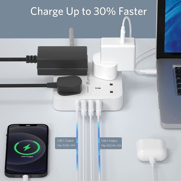 LENCENT Extension Lead with USB C Port, 3250W 13A, 4 Way Outlets Power Strip with 1 USB-C and 3 USB Slots, Multi Power Plug Extension with 1.8M Braided Extension Cord for Home Office, White - Image 5