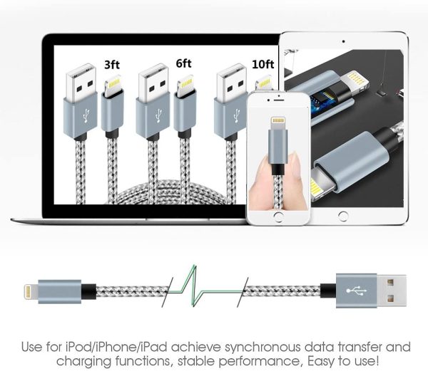 IDiSON 4Pack(3ft 6ft 6ft 10ft) iPhone Lightning Cable Apple MFi Certified Braided Nylon Fast Charger Cable Compatible iPhone Max XS XR 8 Plus 7 Plus 6s 5s 5c Air iPad Mini iPod (Gray +White) - Image 2