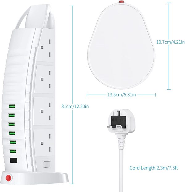 Extension Lead with USB, Tower Extension Cord 8 Way Outlets 6 USB (2 Type C and 4 USB Ports)  3.6A Multi Plug Extension Socket 2M Cable with Switches, Vertical Power Strip - Image 2