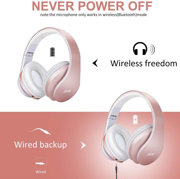 Bluetooth Headphones Over-Ear, Zihnic Foldable Wireless and Wired Stereo Headset Micro SD/TF, FM for Phones/Samsung/Pads/PC,Comfortable Earmuffs &Light weight for Prolonged Wearing (Rose Gold) - Image 5