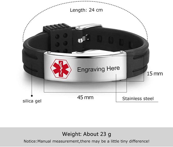 lorajewel Personalized Medical Alert ID Wristbands Stainless Steel Silicone Emergency Wristband Adjustable Emergency SOS Wristband for Men Women, Free Engraving