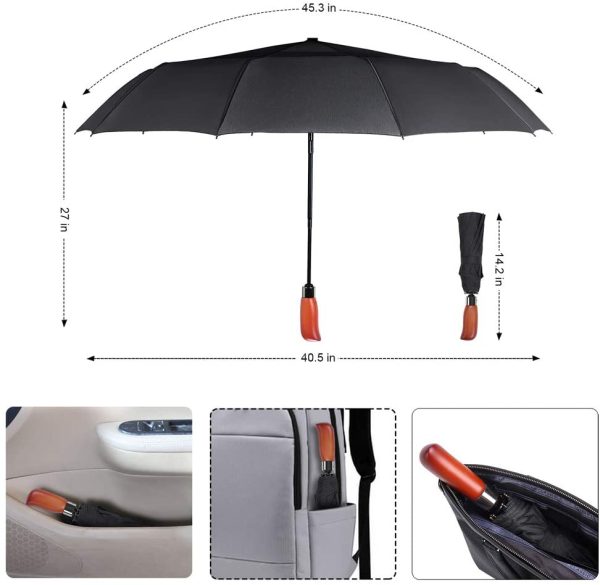 JIGUOOR 10 Ribs Folding Umbrella Windproof Compact Travel,Auto Open/Close Large Rain Umbrellas w/Teflon Coating, Ergonomic Handle Free Leather Case for Mens Women - Image 5