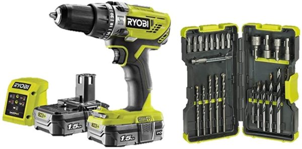 Ryobi R18PD3-215GZ 18 V ONE+ Cordless Combi Drill Starter Kit (2 x 1.5 Ah) & RAK30MIX Mixed Drilling and Driving Bit Set, 30 Piece