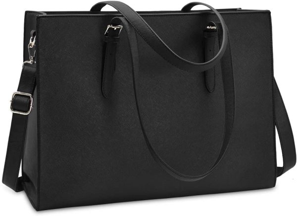 Laptop Bags for Women 15.6 inch Large Leather Tote Bag Ladies Laptop Handbag Computer School Shoulder Bag Business Work Bag Black - Image 2