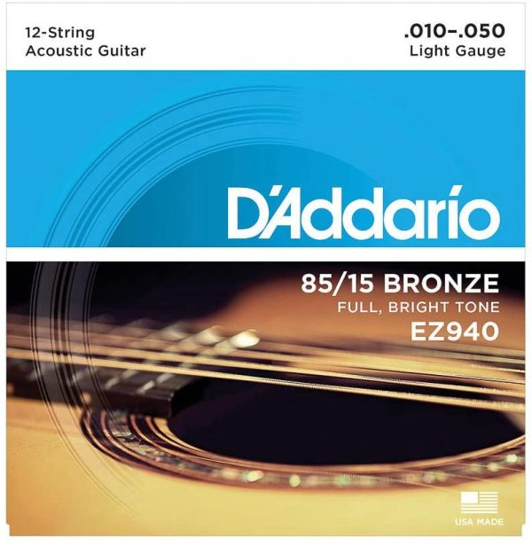 D'Addario Guitar Strings - Acoustic Guitar Strings - 85/15 Bronze - For 12 String Guitar - Full, Bright Tone - EZ940 - 12-String, Light, 10-47