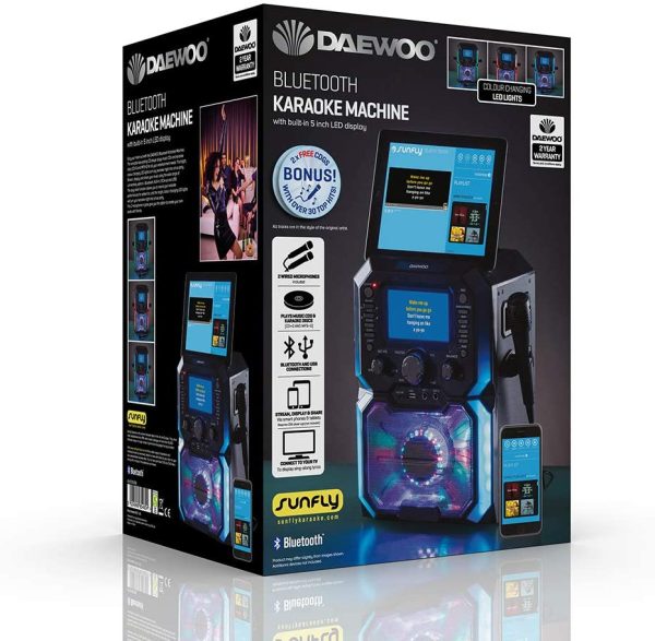 Daewoo AVS1302 Bluetooth Portable Karaoke Machine with 2 Wired Microphones, 5 inch Digital LCD Display Screen, 3.5mm AUX Input, CD, MP3, USB Connection, LED Lights & 2 Mic In Jacks - Image 8