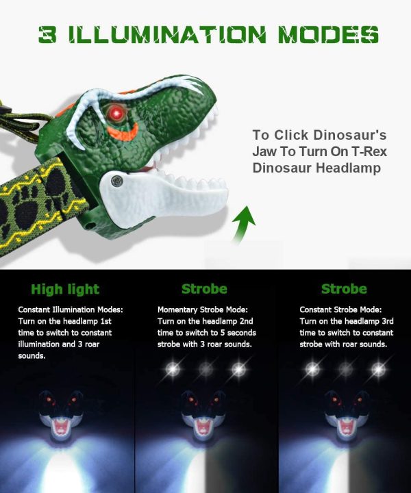 Headlamp LED Headlight T-Rex Head Torch Dinosaur Toys LED Headlamp Flashlight for Kids Realistic Dino Roar Sounds 3 Modes Helmet Light for Reading Running Camping Hiking Fishing - Image 6