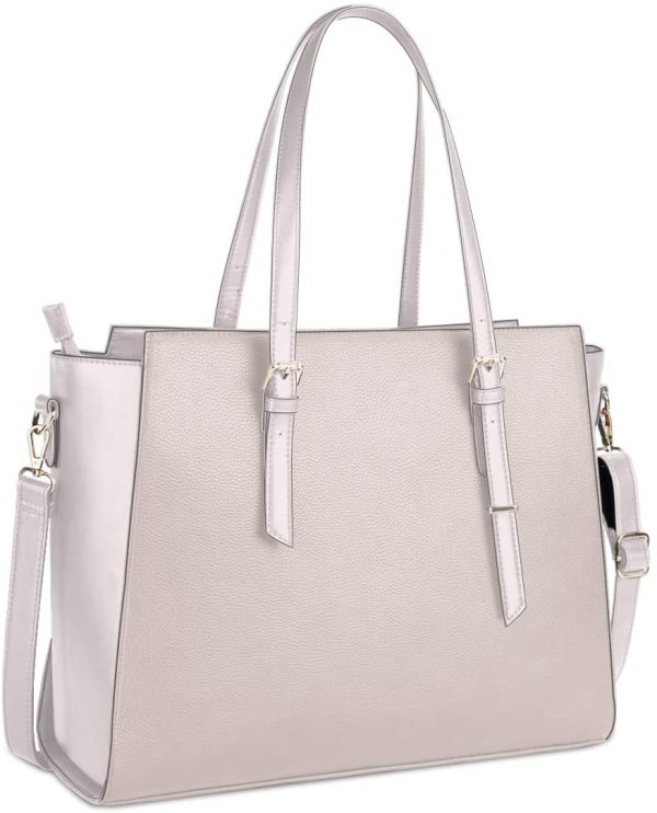 Laptop Bags for women Large Leather Handbags Ladies Laptop Tote Bag Business Work Shoulder Bag lightweight 15.6 Inch Beige - Image 3