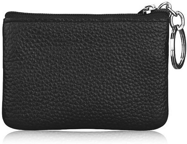 Hibate Mini Coin Purse Holder Wallet Leather Purses for Women Men Kids Minimalist Zip Pouch with Key Ring - Black