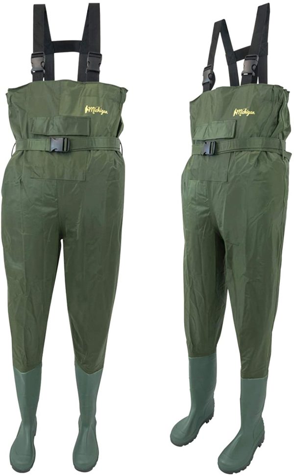 Michigan 100% Waterproof Olive Nylon Fishing Unisex Chest Waders, Shoe Sizes 6-12, Includes Belt - Image 2