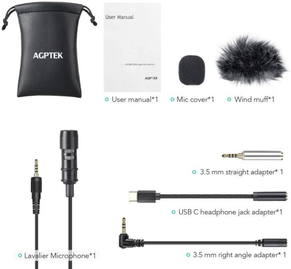 Lavalier Microphone, AGPTEK Clip-on Lapel Omnidirectional Condenser Mic with Wind Muff Type C 3.5mm Jack for Phone PC Laptop DSLR Camera Recording Interview, Podcast, Voice Dictation