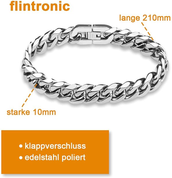 Flintronic Men's Strong Antique??10mm Cuban Silver Bracelet ??Fashion Retro 21cm Titanium Steel Simple Six-sided Flat Denim Bracelet