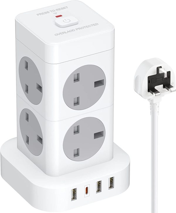 Hulker Tower Extension Lead with USB Slots, Multi Plug Extension 8 Way 4 USB (1 Type C and 3 USB Ports) with Switch Tower Power Strip with Widely Spaced Outlets 2M Cable Overload Protection 3250W 13A - Image 3