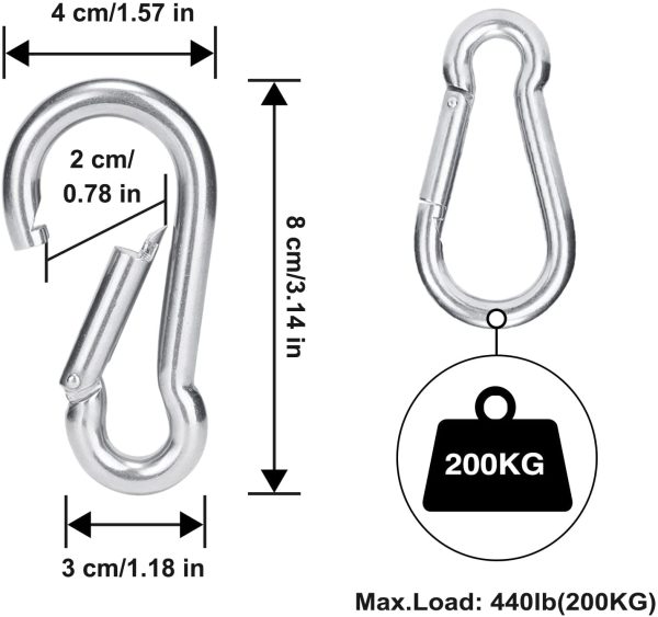 HOMPER 4pcs M8 Carabiner Hook - Heavy Duty 304 Stainless Steel Snap Hook, Carabiner Keychain Clips for Outdoor, Camping, Hiking - Image 2