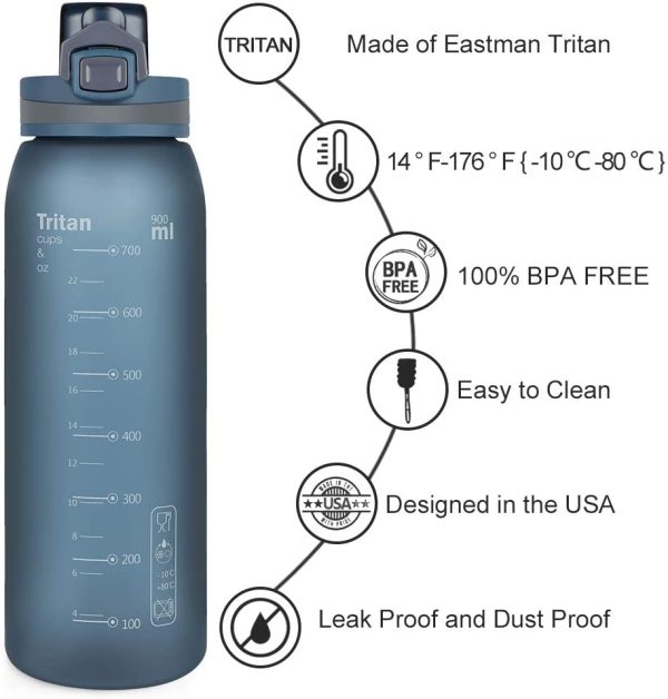 Opard Sports Water Bottle, 900ml BPA Free Non-Toxic Tritan Plastic Drinking Bottle with Leak Proof Flip Top Lid for Gym Yoga Fitness Camping - Image 2