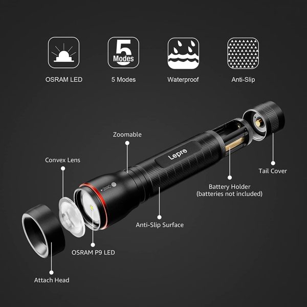 LED Torch, LE3000 Torch, Super Bright, 5 Lighting Modes, Zoomable, Water Resistant, Adopted by Osram P9 LED, Powered by AA Battery, for Outdoor Use & Indoor Emergency Use - Image 2