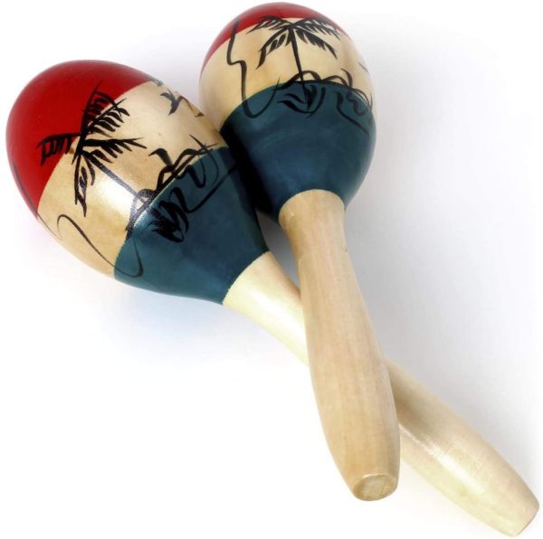 iGadgitz Xtra U7130 Pair of Adult Full Size Painted Elm Wood Maracas - Wood Colour, Green, Red and Black Motif - Image 3