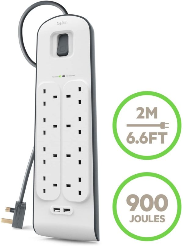 BSV804 8 Way 2 m Surge Protection Extension Lead Strip with 2 x 2.4 A Shared USB Charging Plug, White