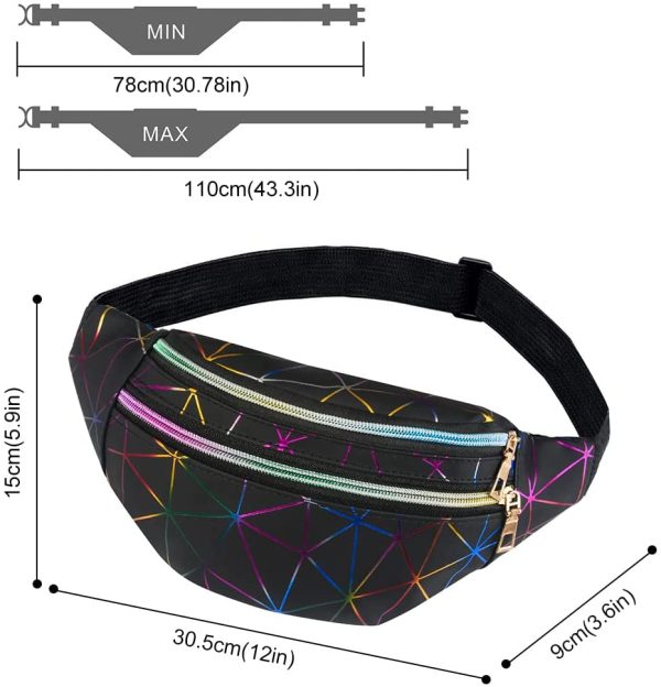 flintronic Waist Bag, Holographic Fanny Pack with PU Leather, Shiny Belt Bag Festival Rave Bumbags for Ladies Travel Party Sports Running Hiking(Black)(1 Business Card Holder Include)