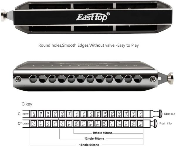 East top Forerunner Chromatic Harmonica 12 Holes 48 Tones Professional Chromatic Harmonica in C; Mouth Organ and Professional Harmonica for Adults, Professional Player and Students (48NV) - Image 6