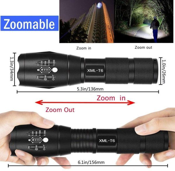 LED Torch,  Super Bright 2000 Lumens Zoomable XML T6 LED Flashlight Torches, 5 Modes, Waterproof Handheld Powerful Tactical Torch Light for Camping, Emergency, Outdoor, 2 Pack - Image 4