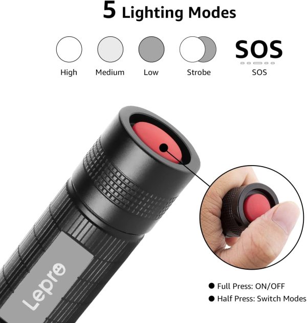 LED Torch, [2 Pack] LE2000 Torch, Super Bright, 5 Modes, Zoomable, Water Resistant, Pocket Size & Lightweight, AAA Battery Operated, Two Battery Options, for Outdoor Use & Indoor Emergency Use - Image 5