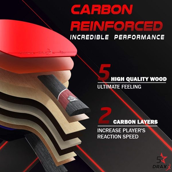 DRAXX Table tennis bat | 5 Stars Grade | Carbon & Premium rubber | Competition Ping Pong Bat | intermediate / advanced | Beginner & PRO Players | Carbone Kit professional paddle Training racket - Image 4