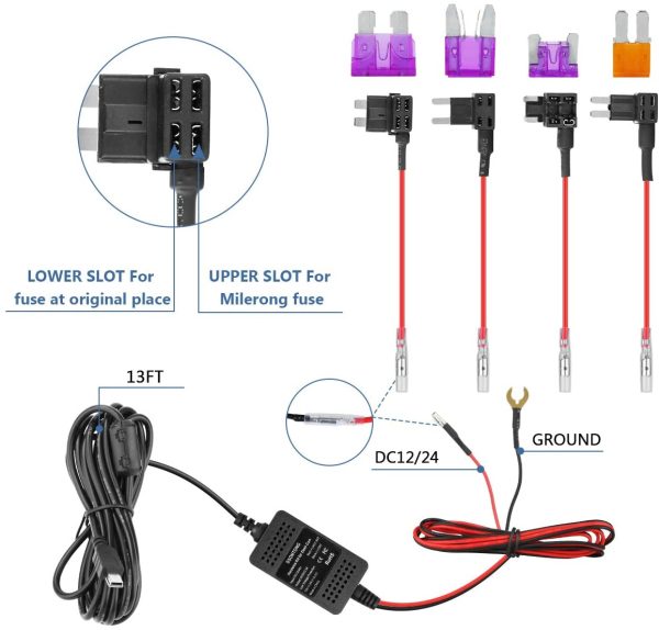 Dash Cam Hardwire Kit, Universal Hard Wire Kit for Dash Camera with Mini/Micro Port, 13ft Car Camera Charge Power Cord Kit 12V- 24V to 5V,Power Adapter with LP/Mini/ATO/Micro2 Fuse for Dashcam GPS etc - Image 7