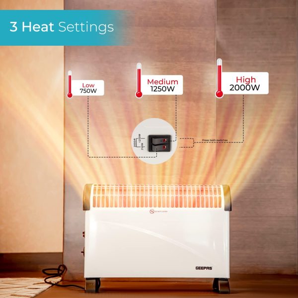 Geepas 2000W Convection Heater, Electric Convector Radiator Heater - 3 Heat Settings (750/1250 / 2000 W), Adjustable Thermostat & Overheat Protection - Free Standing, Ideal for Home or Office, White - Image 6